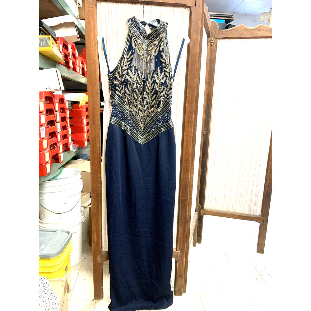 Linzas *California Classic Navy Beaded Halter Dress hei8078